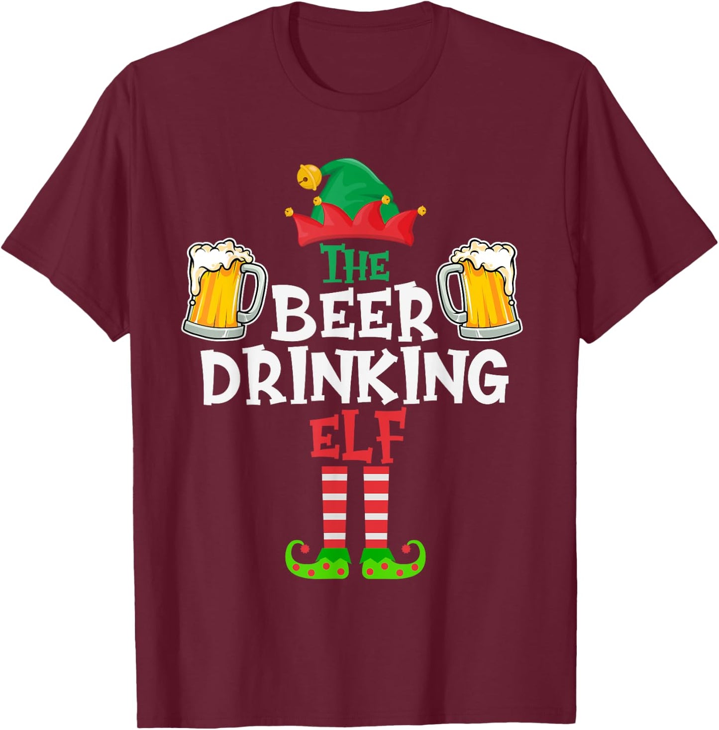 The Beer Drinking Elf, Funny Matching Family Group Christmas T-Shirt - T-Shirt | Maroon