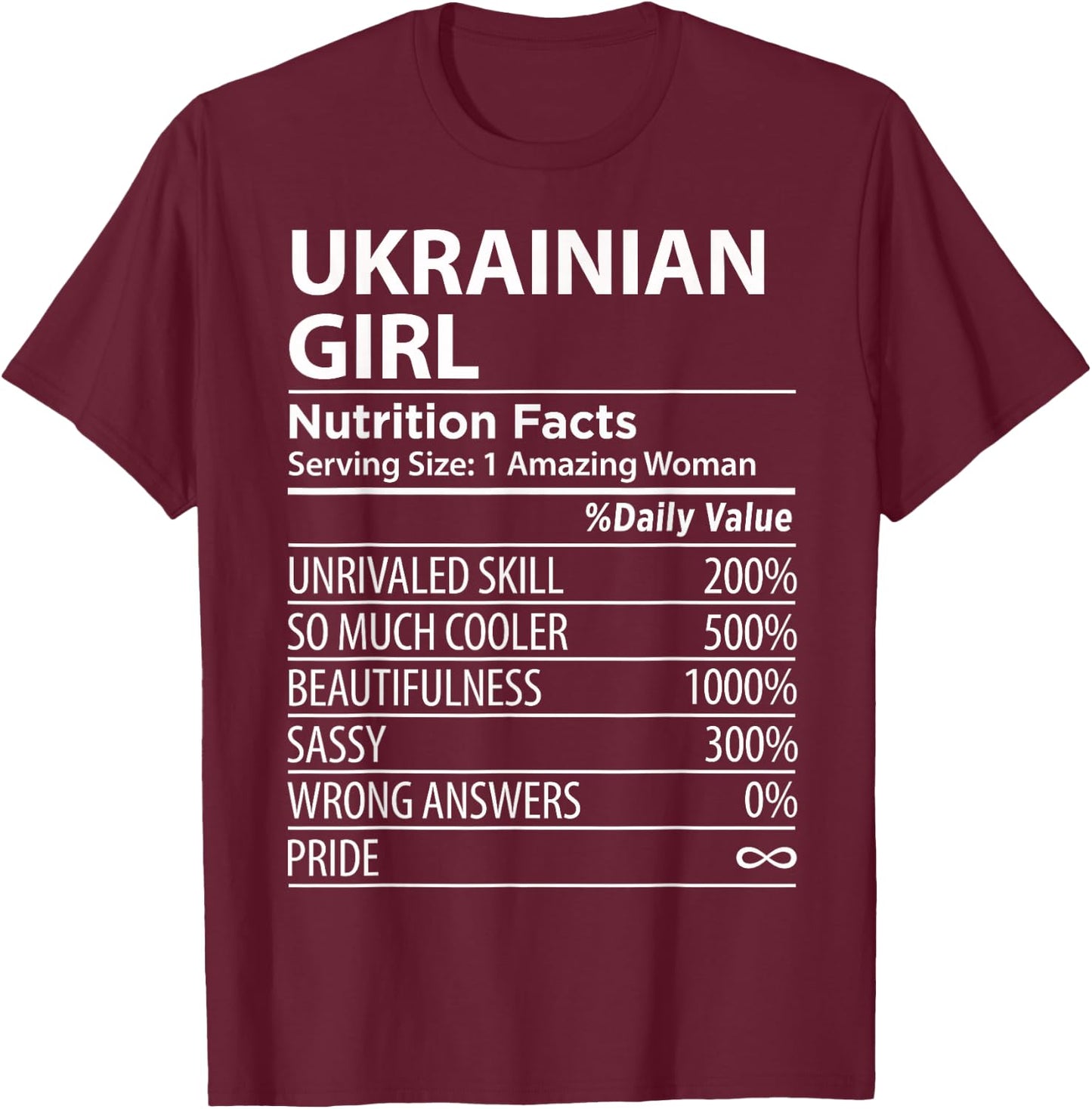 Ukrainian Girl Nutrition Facts Funny Ukraine T-Shirt - T-Shirt | Maroon