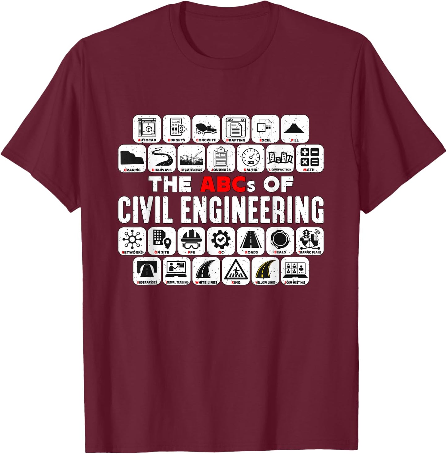 Civil Engineer Designs for Civil Engineers -Adults Black Small The ABCs Of Civil Engineer T-Shirt - T-Shirt | Maroon