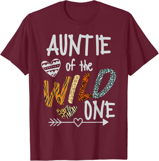 Auntie of The Wild One Animal Safari 1st Birthday Theme T-Shirt - T-Shirt | Maroon
