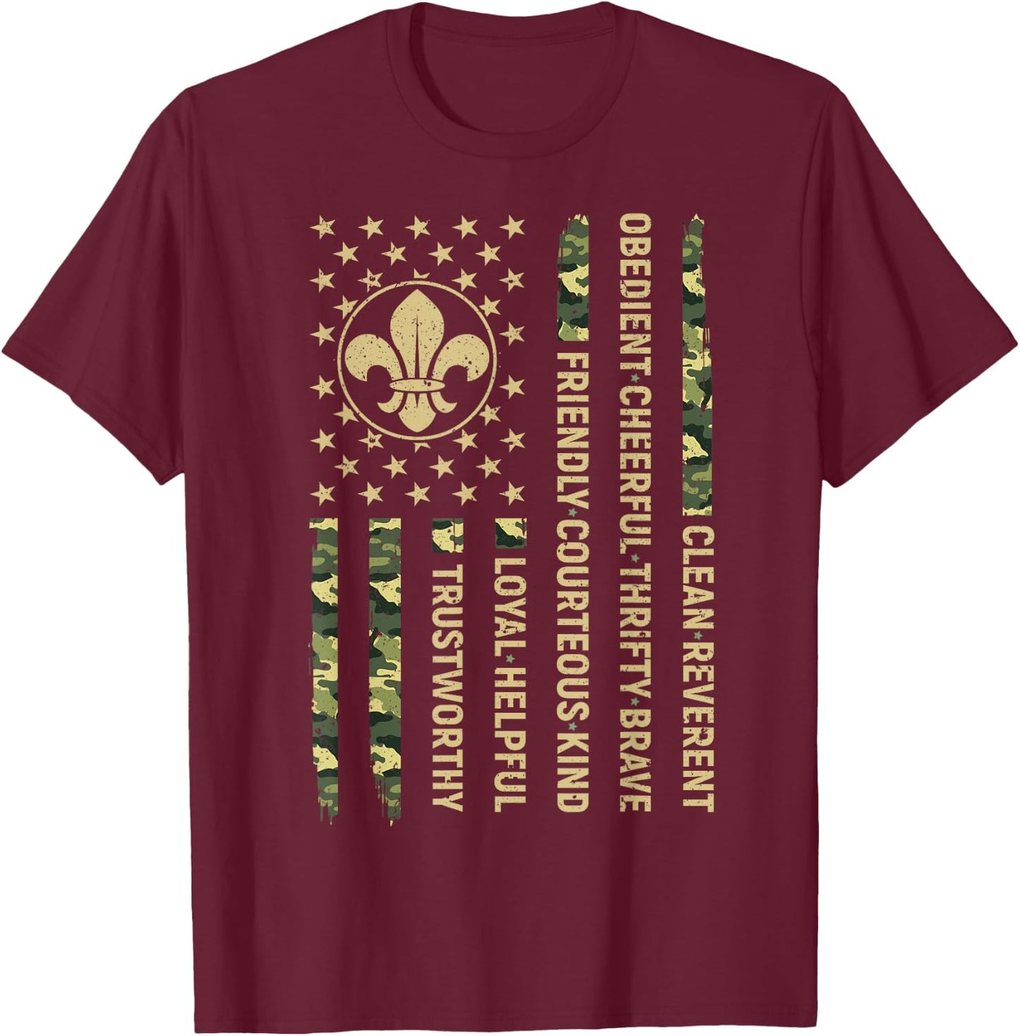 Scout Leader Funny Scout Camping Camo US America Flag T-Shirt - T-Shirt | Maroon