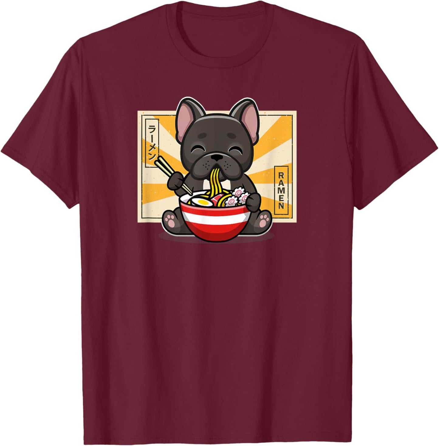 Cute Funny Kawaii Kids Japanese Ramen Black Frenchie Lover T-Shirt - T-Shirt | Maroon