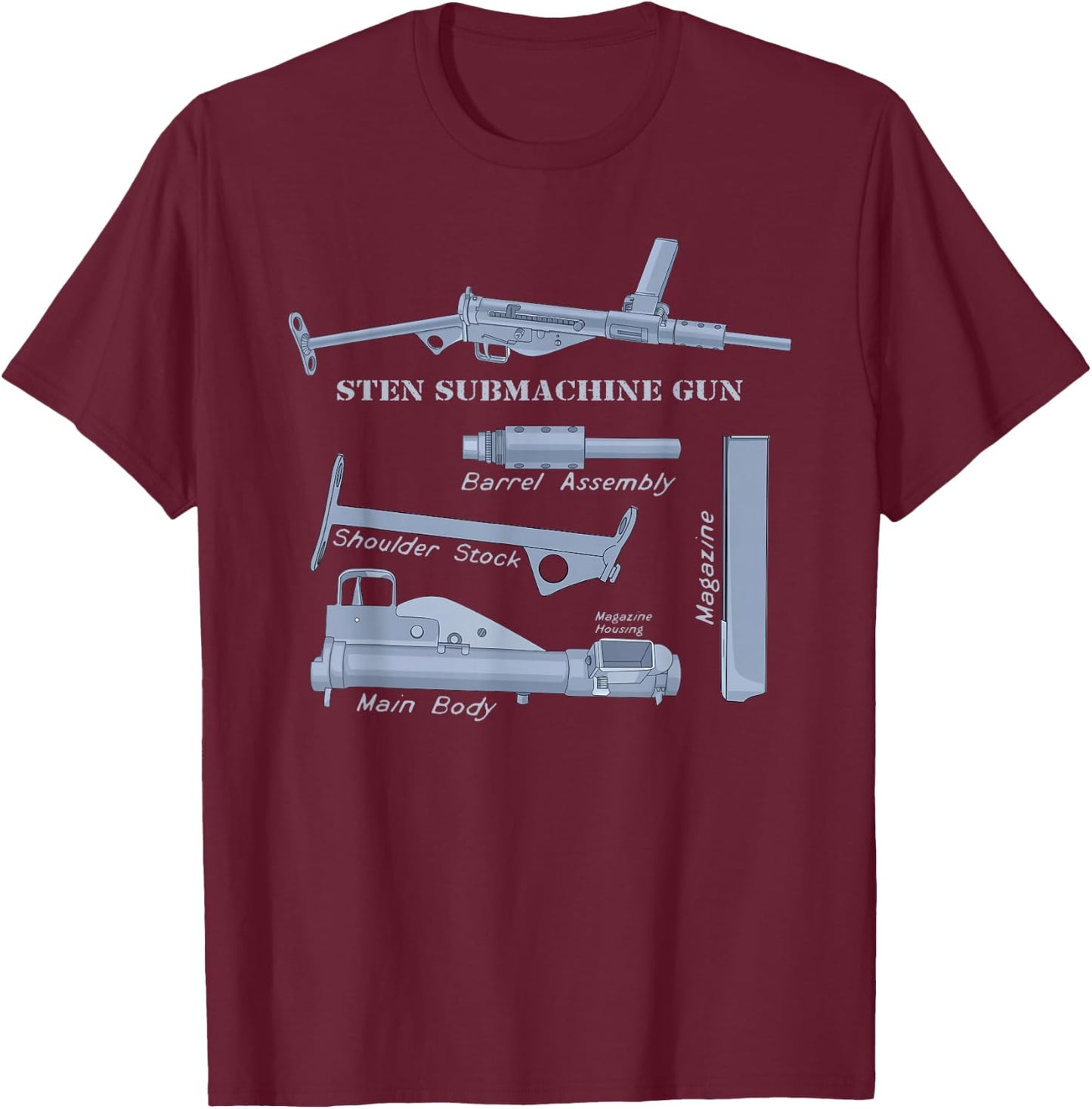 Sten Gun British WW2 Submachine Guns Diagrams T-Shirt - T-Shirt | Maroon
