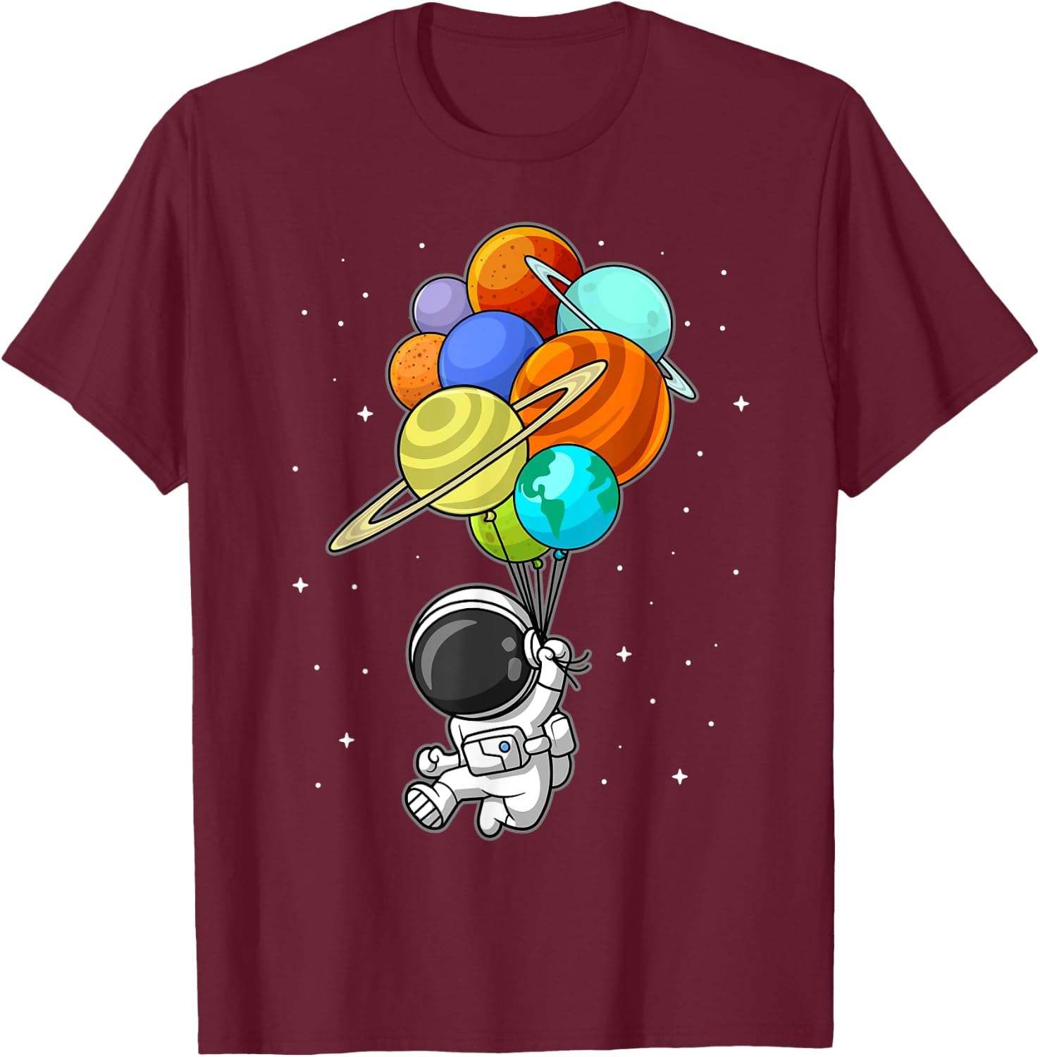 Astronaut Holding Planet Balloons Solar-System Space Kids T-Shirt - T-Shirt | Maroon