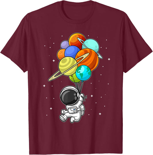 Astronaut Holding Planet Balloons Solar-System Space Kids T-Shirt - T-Shirt | Maroon