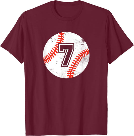 Baseball Player #7 Baseball Mom Dad Jersey Number 7 Vintage T-Shirt - T-Shirt | Maroon