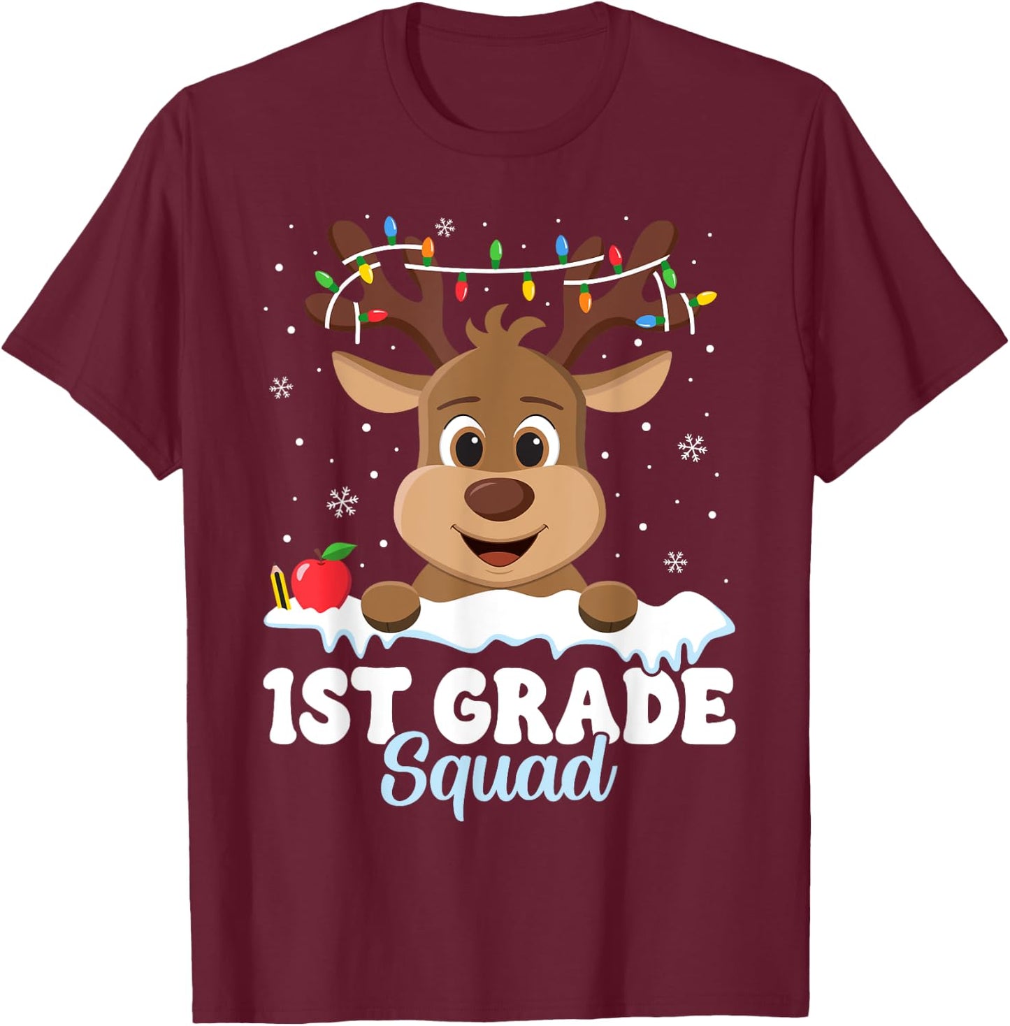 1st Grade Teacher Christmas First Grade Squad Reindeer Xmas T-Shirt - T-Shirt | Maroon