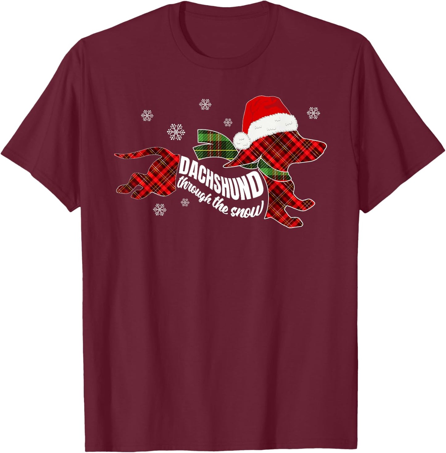 Merry Christmas Dachshund Dog Through The Snow Plaid Xmas T-Shirt - T-Shirt | Maroon