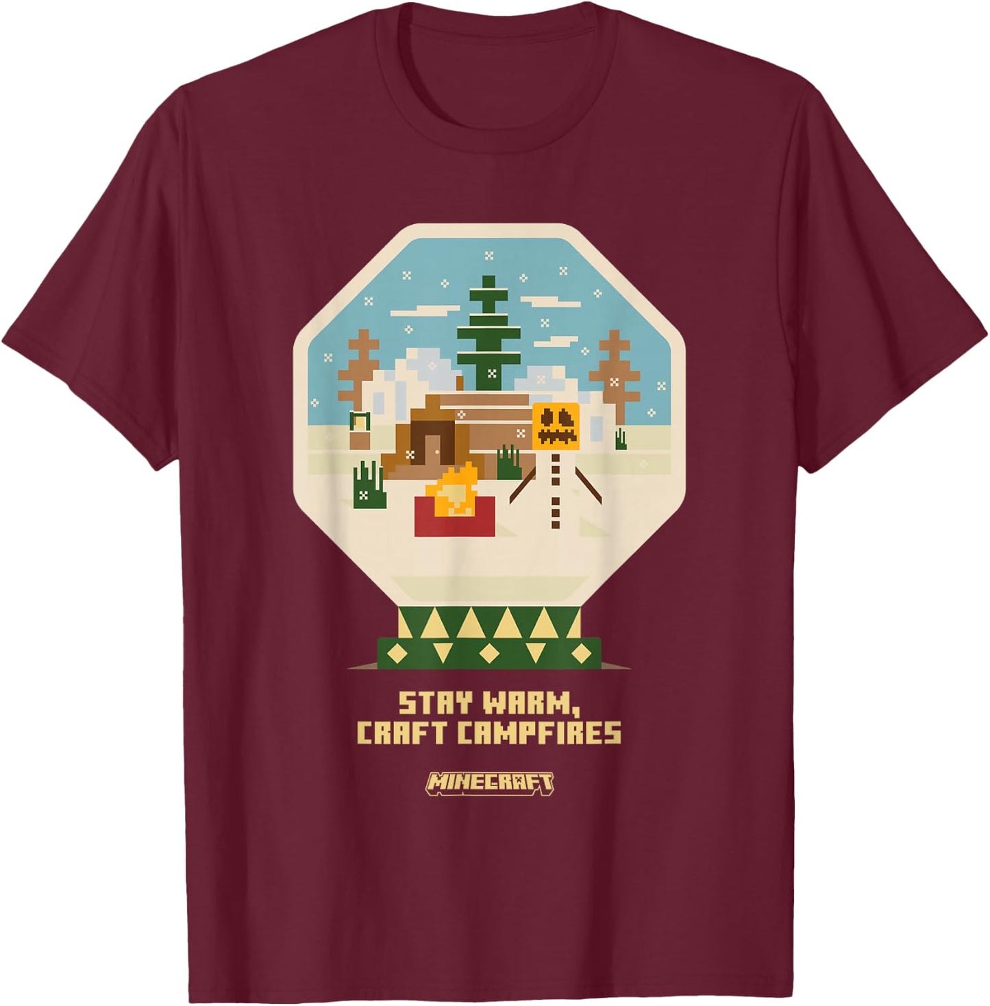 Minecraft Christmas Stay Warm Craft Campfires Snow Globe T-Shirt - T-Shirt | Maroon