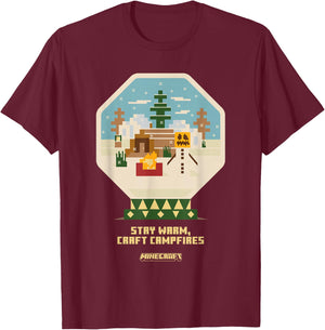 Minecraft Christmas Stay Warm Craft Campfires Snow Globe T-Shirt - T-Shirt | Maroon