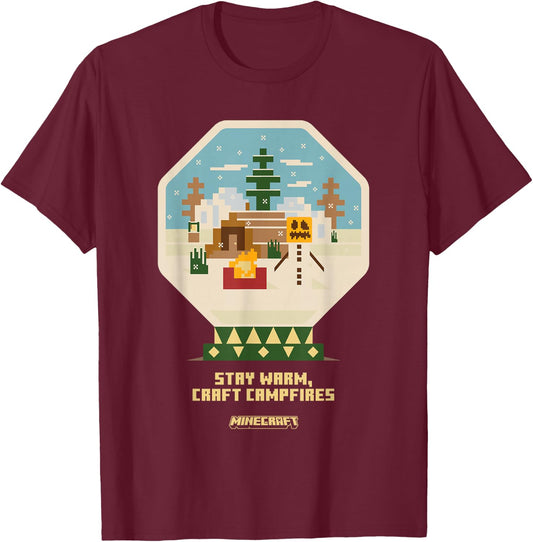 Minecraft Christmas Stay Warm Craft Campfires Snow Globe T-Shirt - T-Shirt | Maroon
