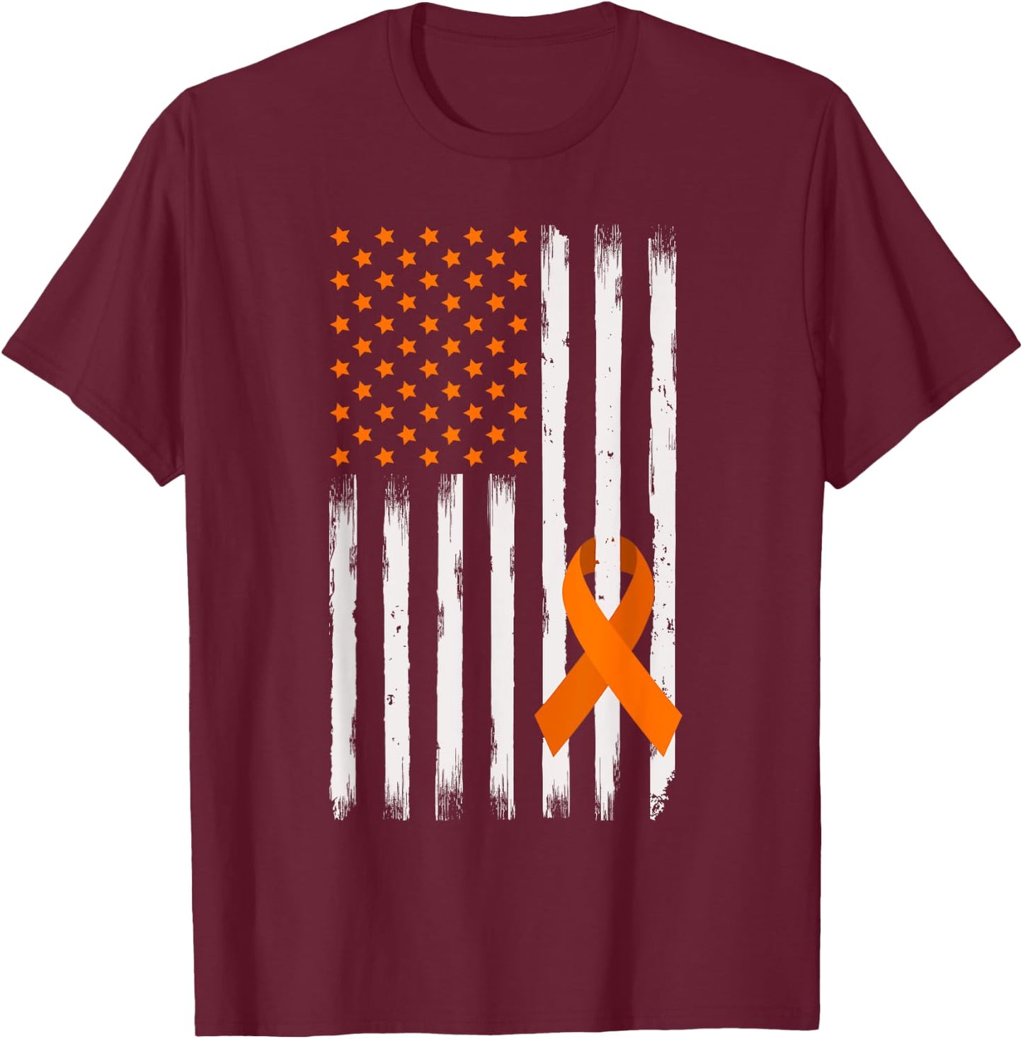 American Flag Orange Ribbon Kidney Cancer Awareness Warrior T-Shirt - T-Shirt | Maroon
