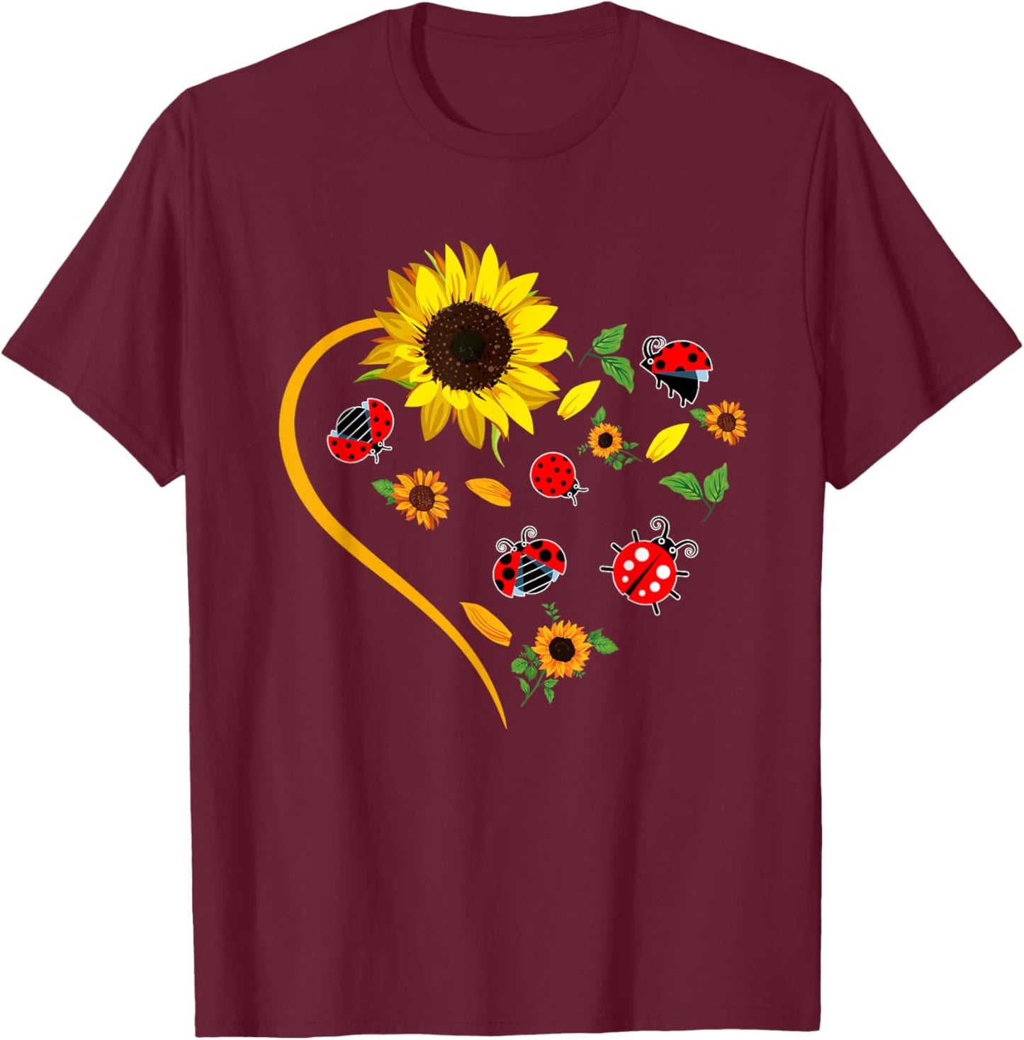 Sunflowers Ladybugs Cute Heart Shape Matching Insect Lover T-Shirt - T-Shirt | Maroon