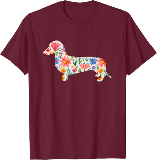 Smooth Dachshund watercolor flowers design T-Shirt - T-Shirt | Maroon