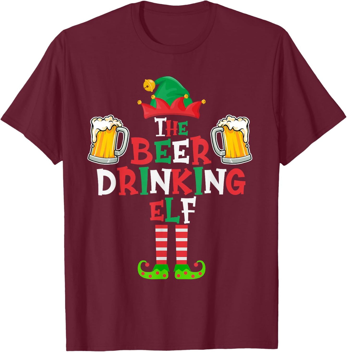 The Beer Drinking Elf, Funny Matching Family Group Christmas T-Shirt - T-Shirt | Maroon