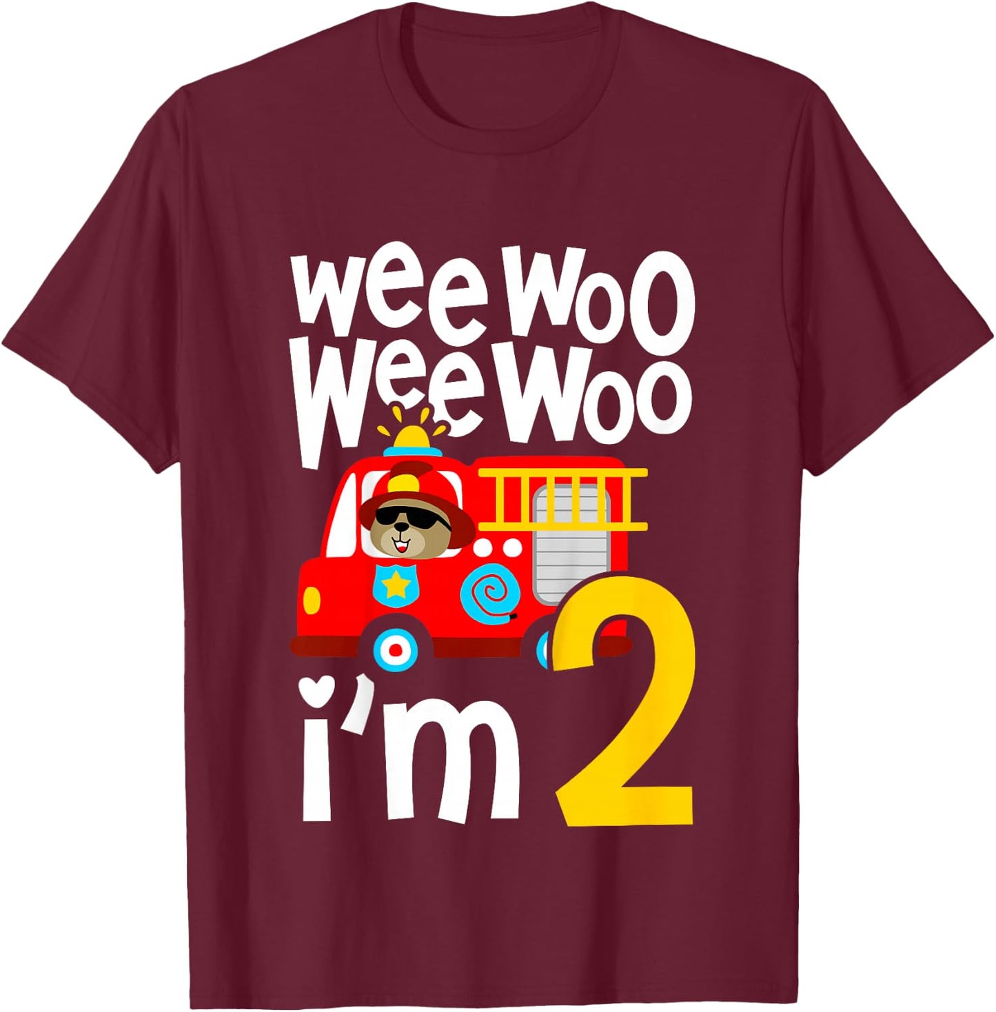 Kids Boys Birthday Wee Woo Wee Woo I'm 2 Red Fire Truck T-Shirt - T-Shirt | Maroon