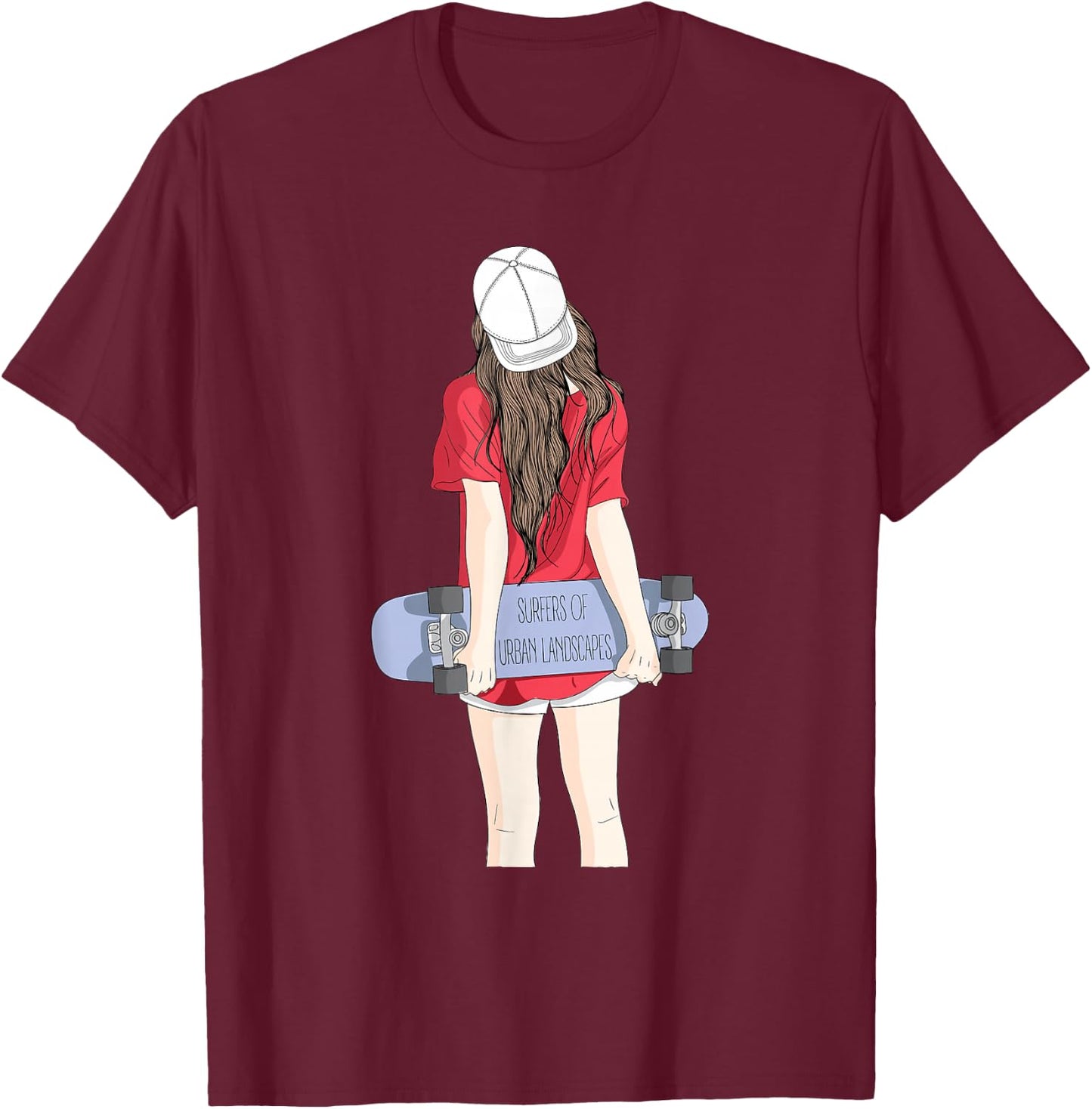 Cool Skateboarding Girl in a Baseball Cap with a Skateboard T-Shirt - T-Shirt | Maroon