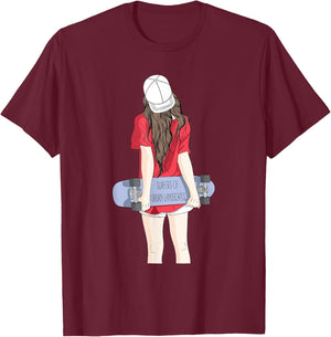Cool Skateboarding Girl in a Baseball Cap with a Skateboard T-Shirt - T-Shirt | Maroon