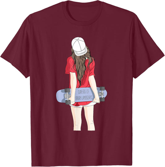 Cool Skateboarding Girl in a Baseball Cap with a Skateboard T-Shirt - T-Shirt | Maroon