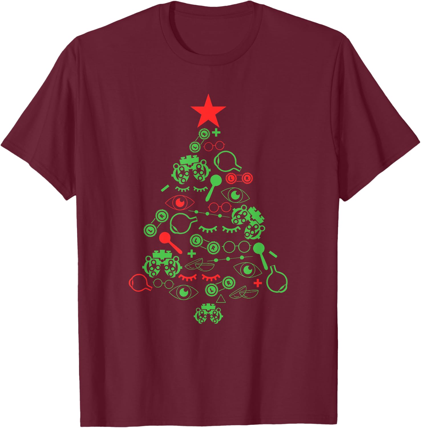 Optometry Symbols Christmas Tree Ophthalmologist Ophthalmic T-Shirt - T-Shirt | Maroon