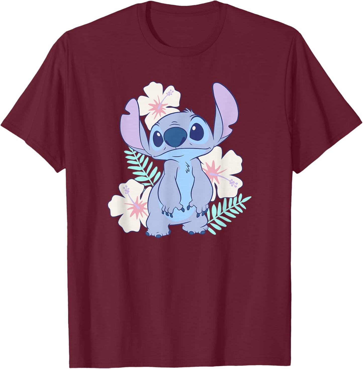 Disney Lilo & Stitch Cute Face Hawaiian Flowers Portrait T-Shirt - T-Shirt | Maroon