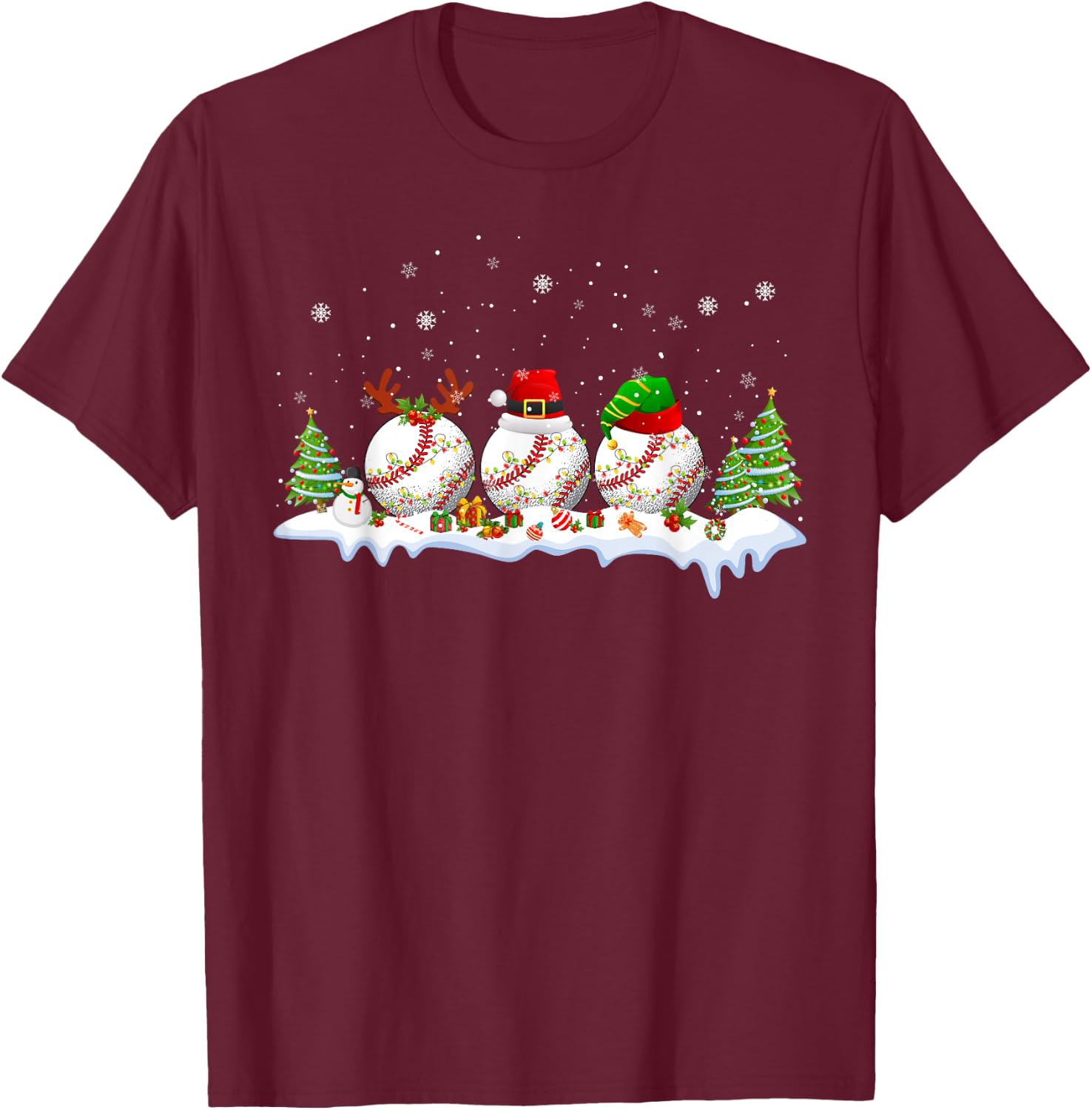 Santa Elf Reindeer Baseball Balls Xmas Tree Lights Christmas T-Shirt - T-Shirt | Maroon