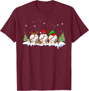 Santa Elf Reindeer Baseball Balls Xmas Tree Lights Christmas T-Shirt - T-Shirt | Maroon