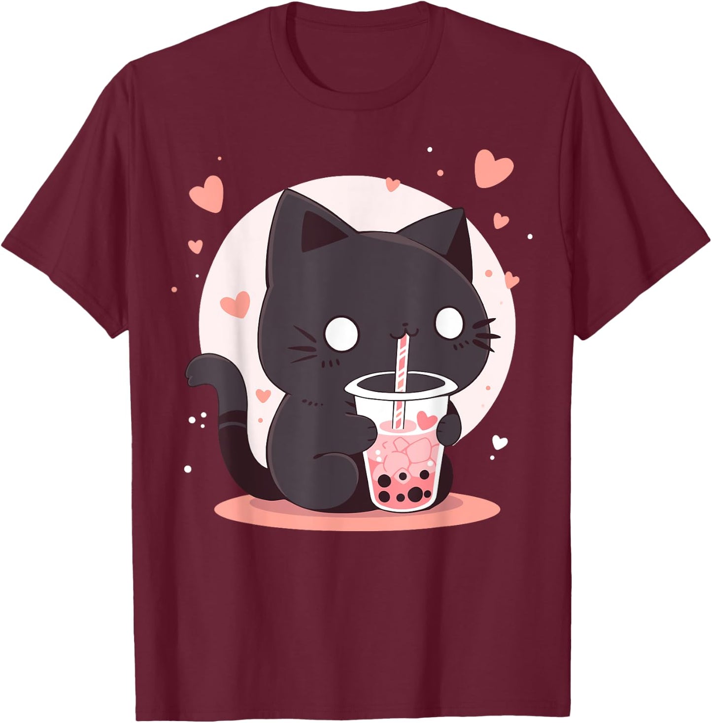 Kawaii Black Cat Boba Cute Japan Anime Bubble Tea Neko Teen Women T-Shirt - T-Shirt | Maroon