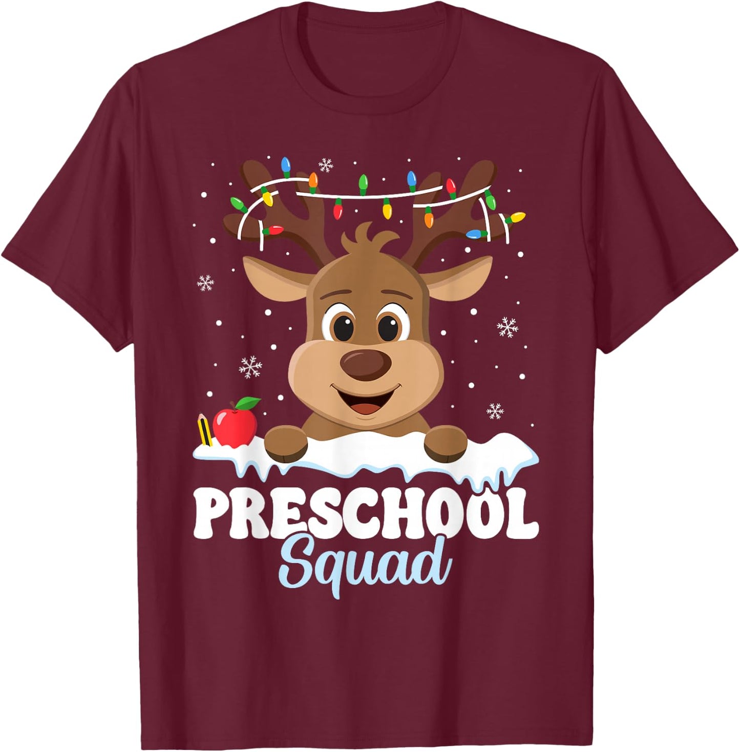 Preschool Teacher Christmas Preschool Squad Reindeer Xmas T-Shirt - T-Shirt | Maroon