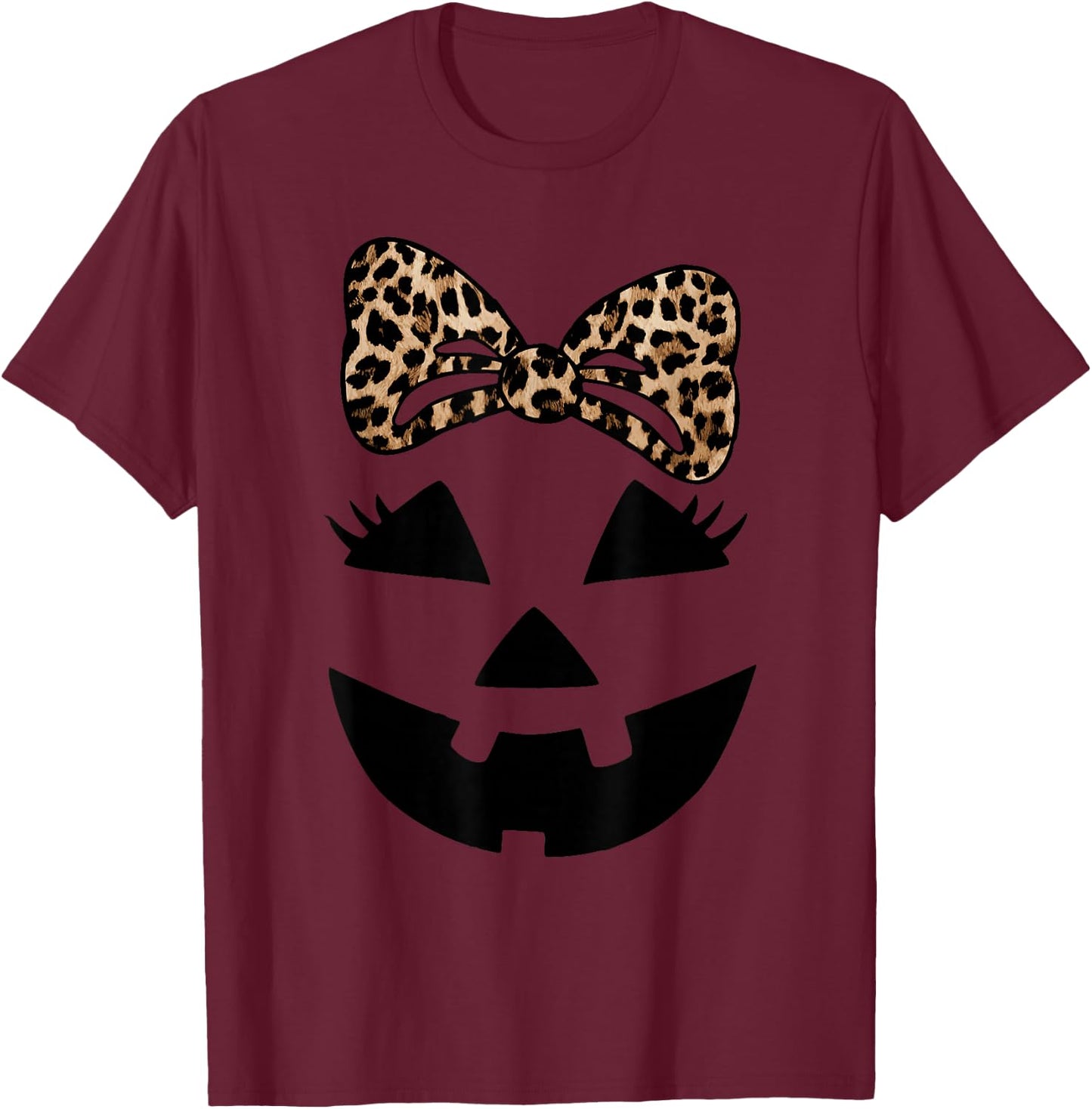 Jack O Lantern Face Pumpkin Hallowen Leopard Print Bow Tie T-Shirt - T-Shirt | Maroon