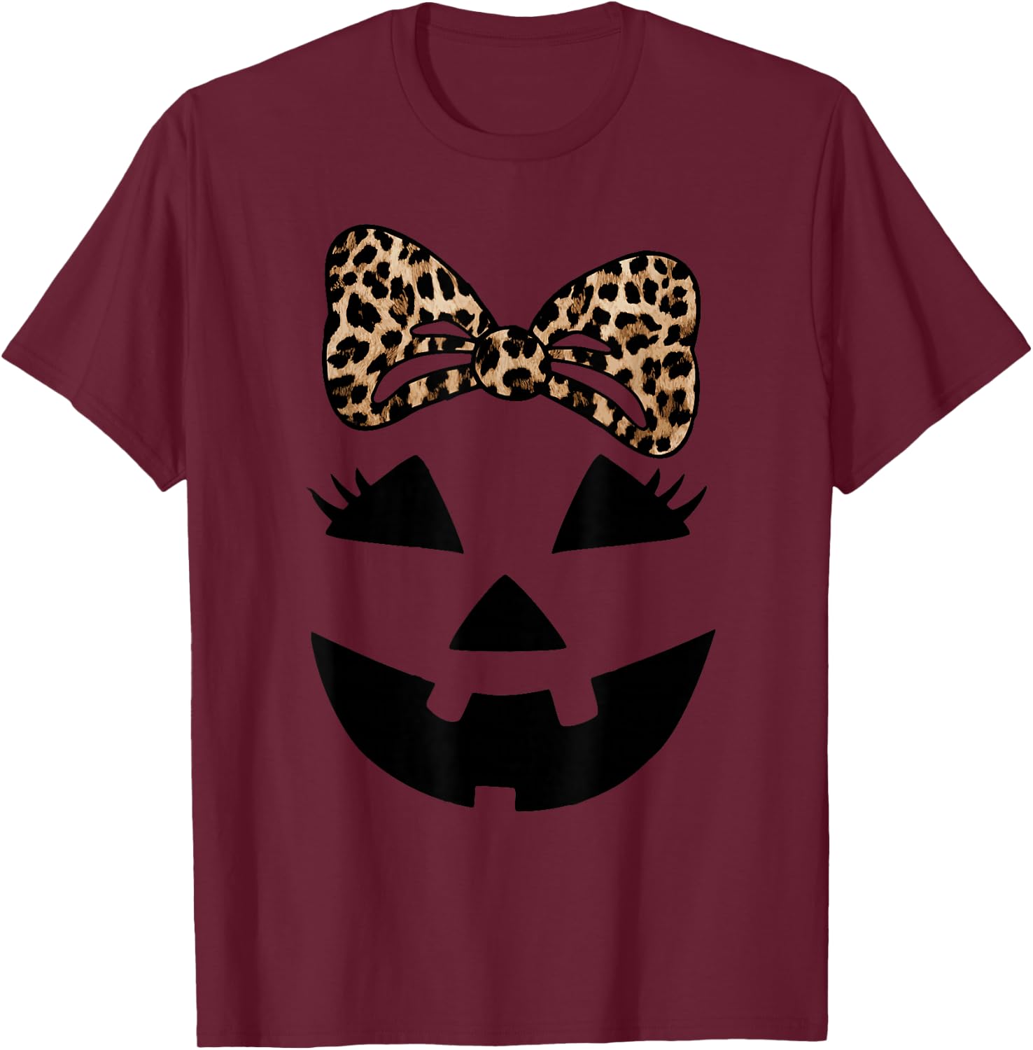 Jack O Lantern Face Pumpkin Hallowen Leopard Print Bow Tie T-Shirt - T-Shirt | Maroon