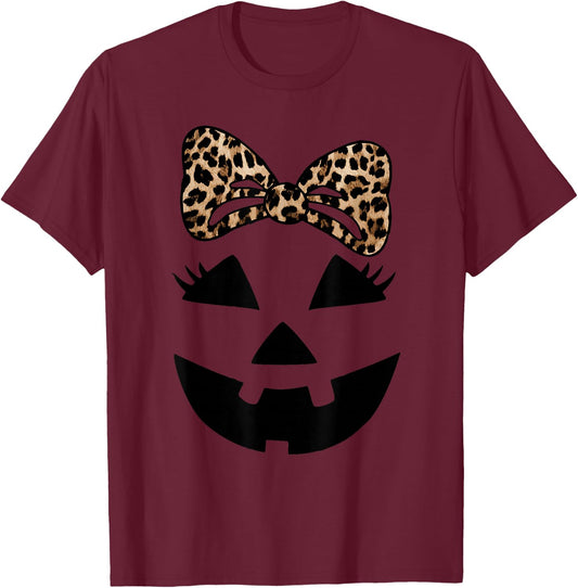 Jack O Lantern Face Pumpkin Hallowen Leopard Print Bow Tie T-Shirt - T-Shirt | Maroon