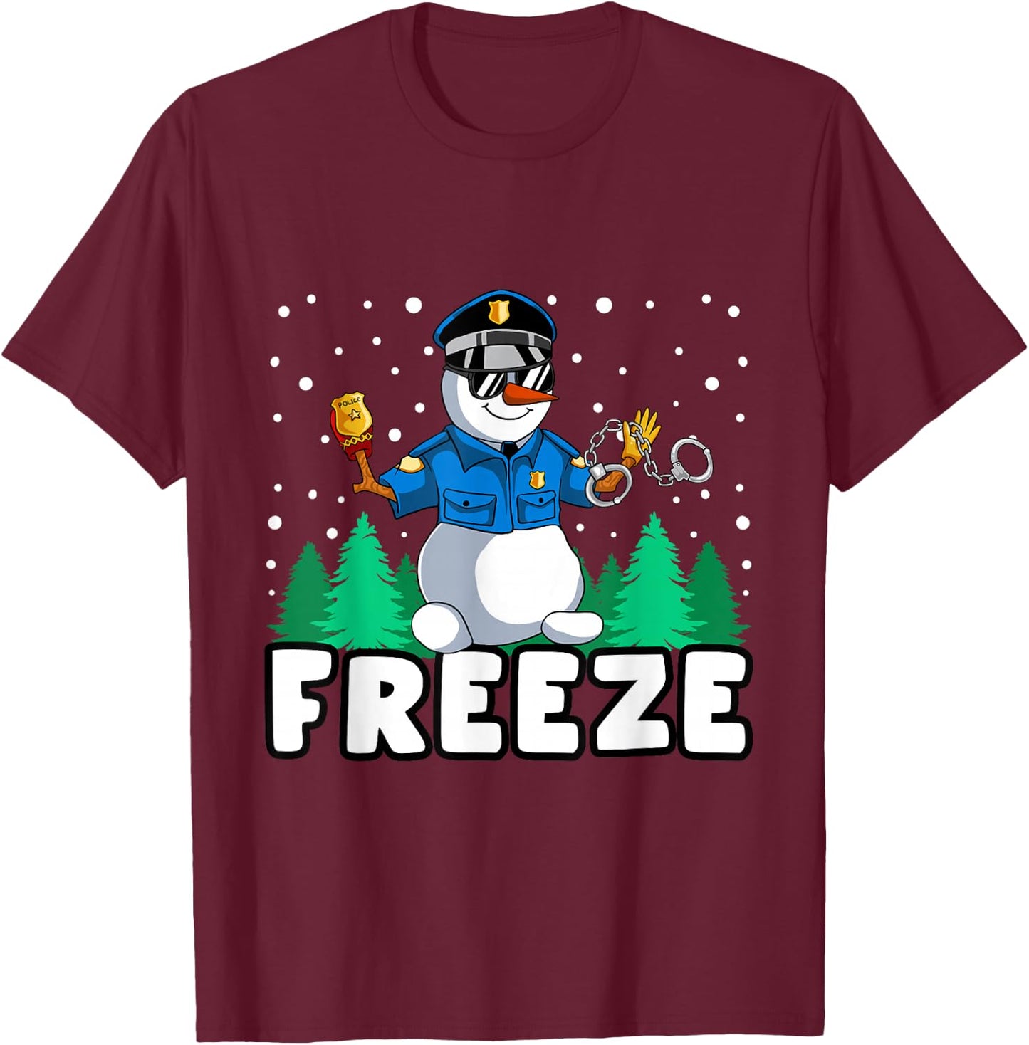 Freeze Snowman Police Christmas Pajama Funnt Cop Policeman T-Shirt - T-Shirt | Maroon