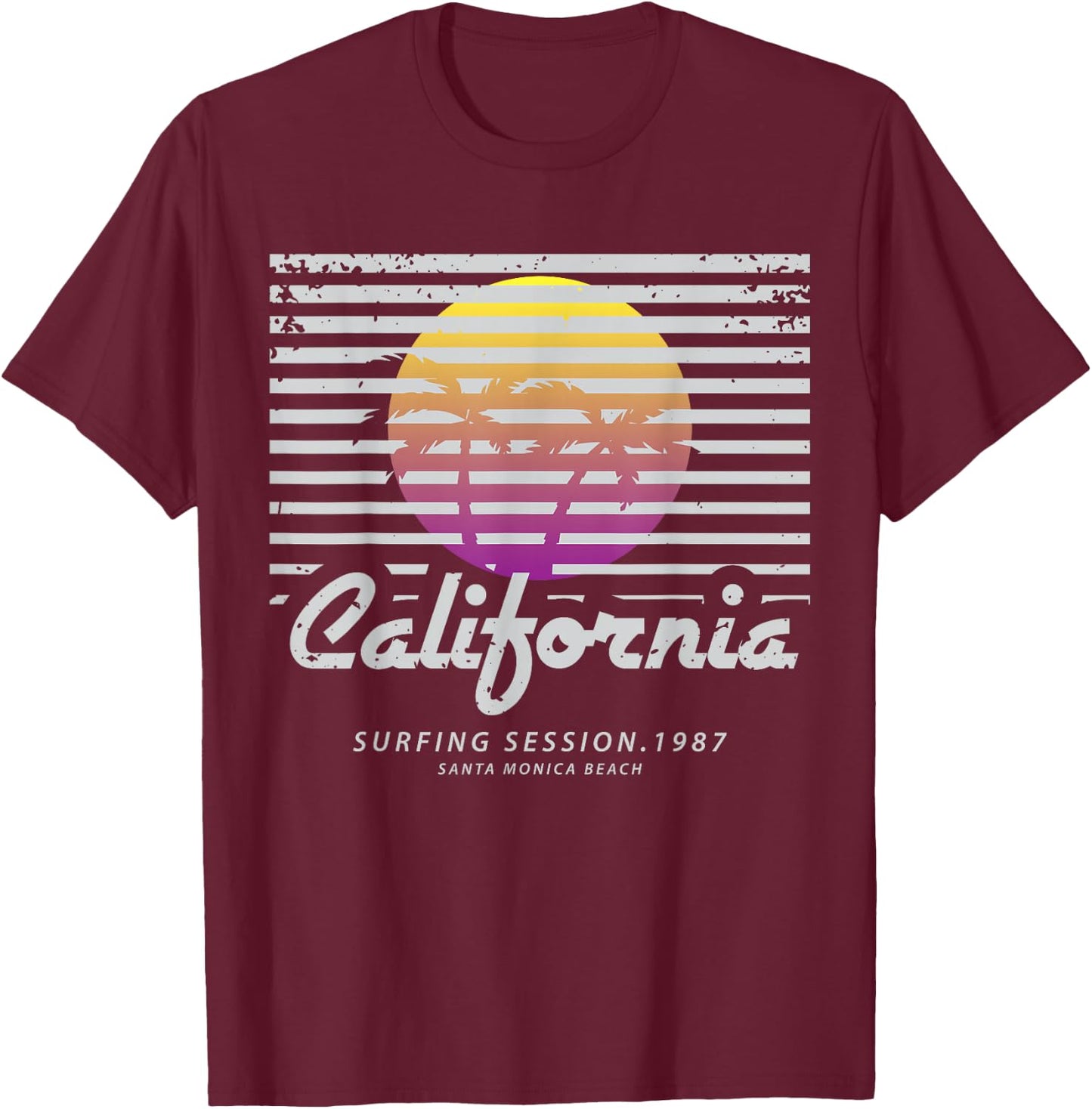 California Surfing Session 1987 Santa Monica Beach T-Shirt - T-Shirt | Maroon