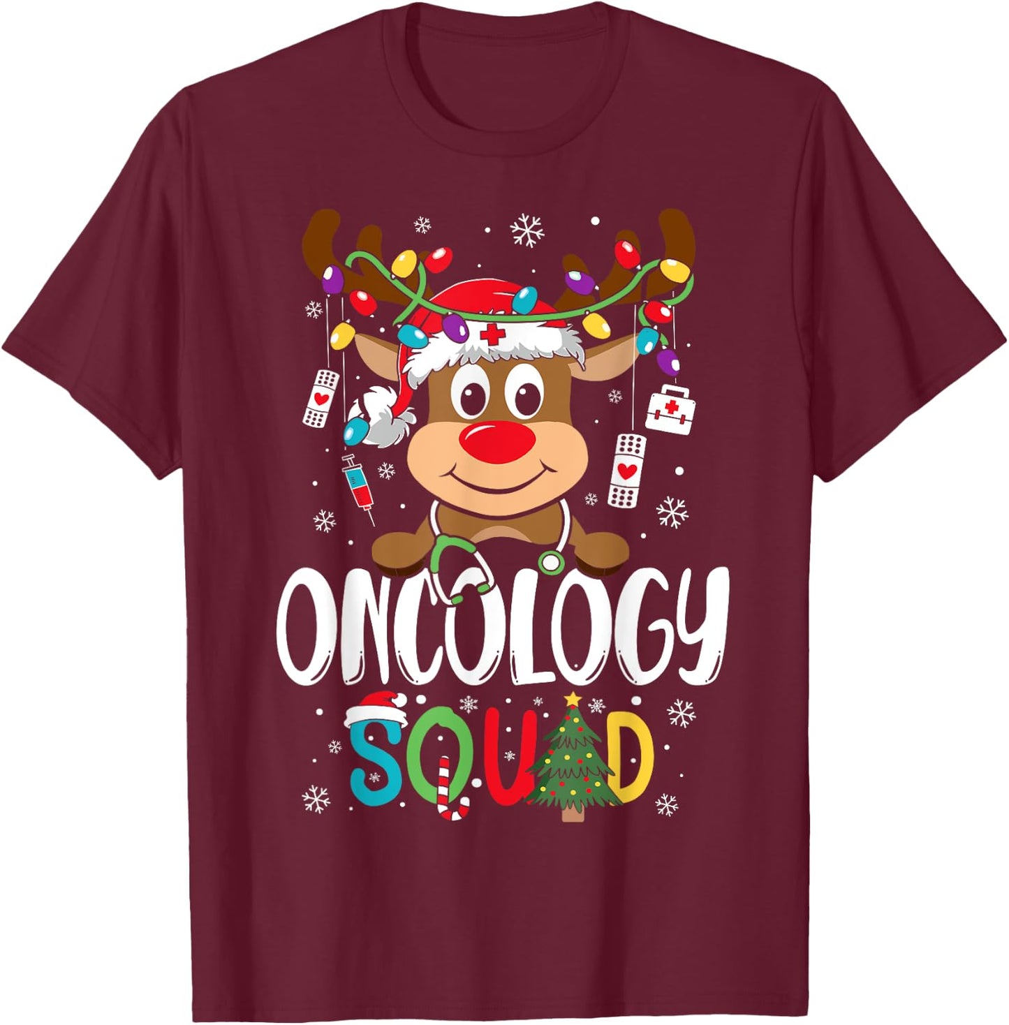 Oncology Nurse Squad Reindeer Stethoscope Nurse Christmas T-Shirt - T-Shirt | Maroon