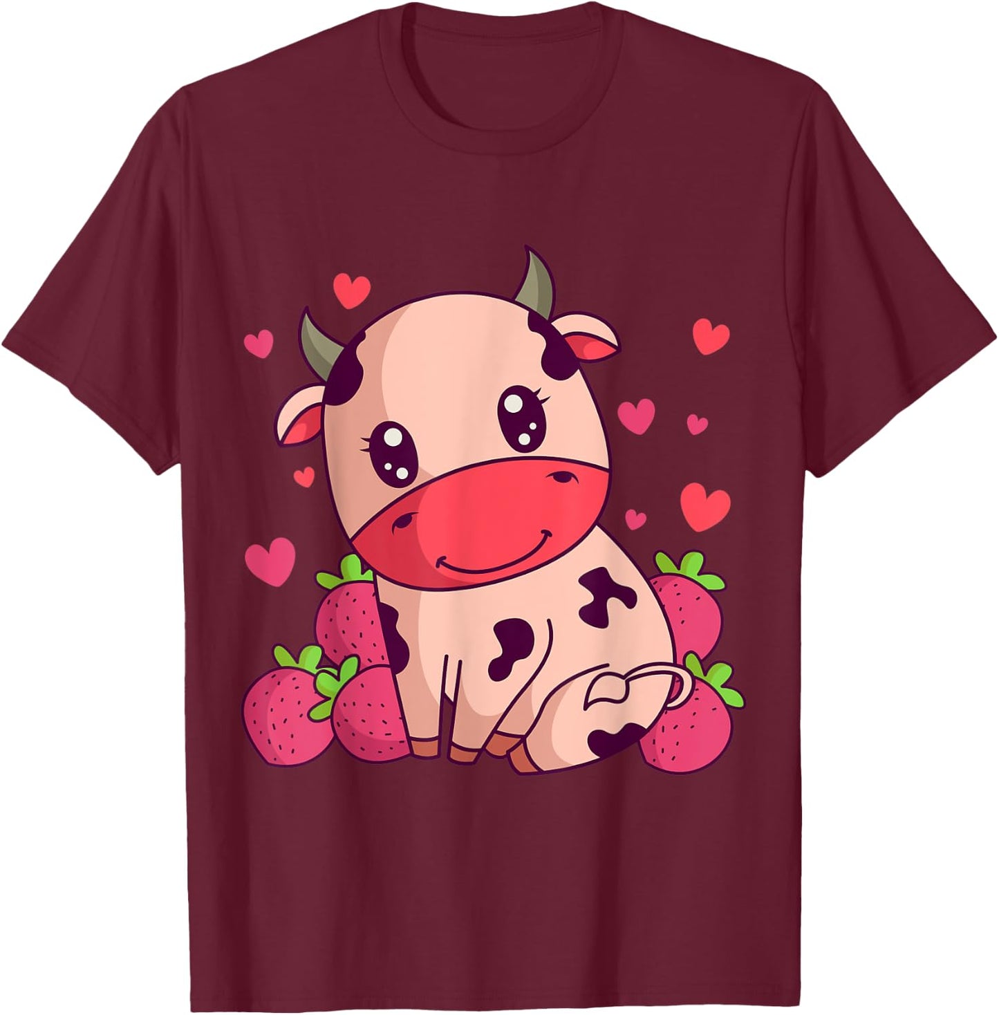 Kawaii Strawberry Milk Cow Farmers Cute Pink Cow T-Shirt - T-Shirt | Maroon