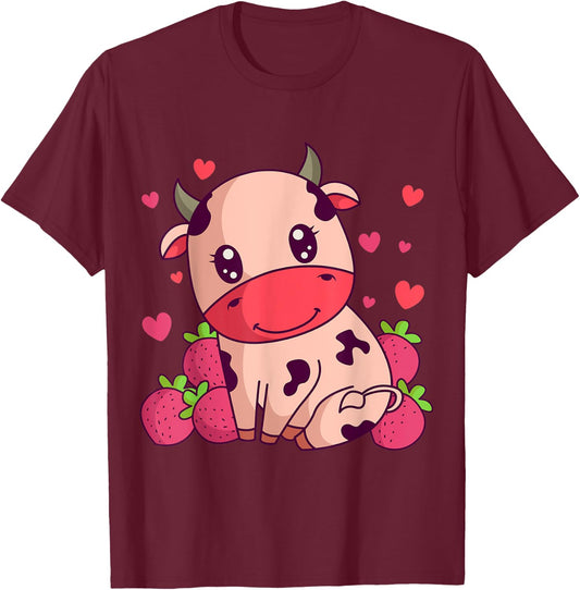 Kawaii Strawberry Milk Cow Farmers Cute Pink Cow T-Shirt - T-Shirt | Maroon