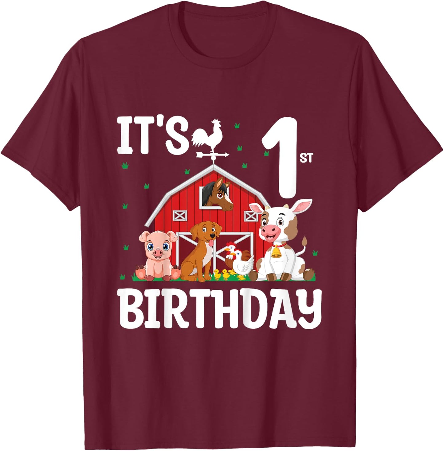 It's My 1st Birthday Farm Animal 1 Year Old Birthday Party T-Shirt - T-Shirt | Maroon