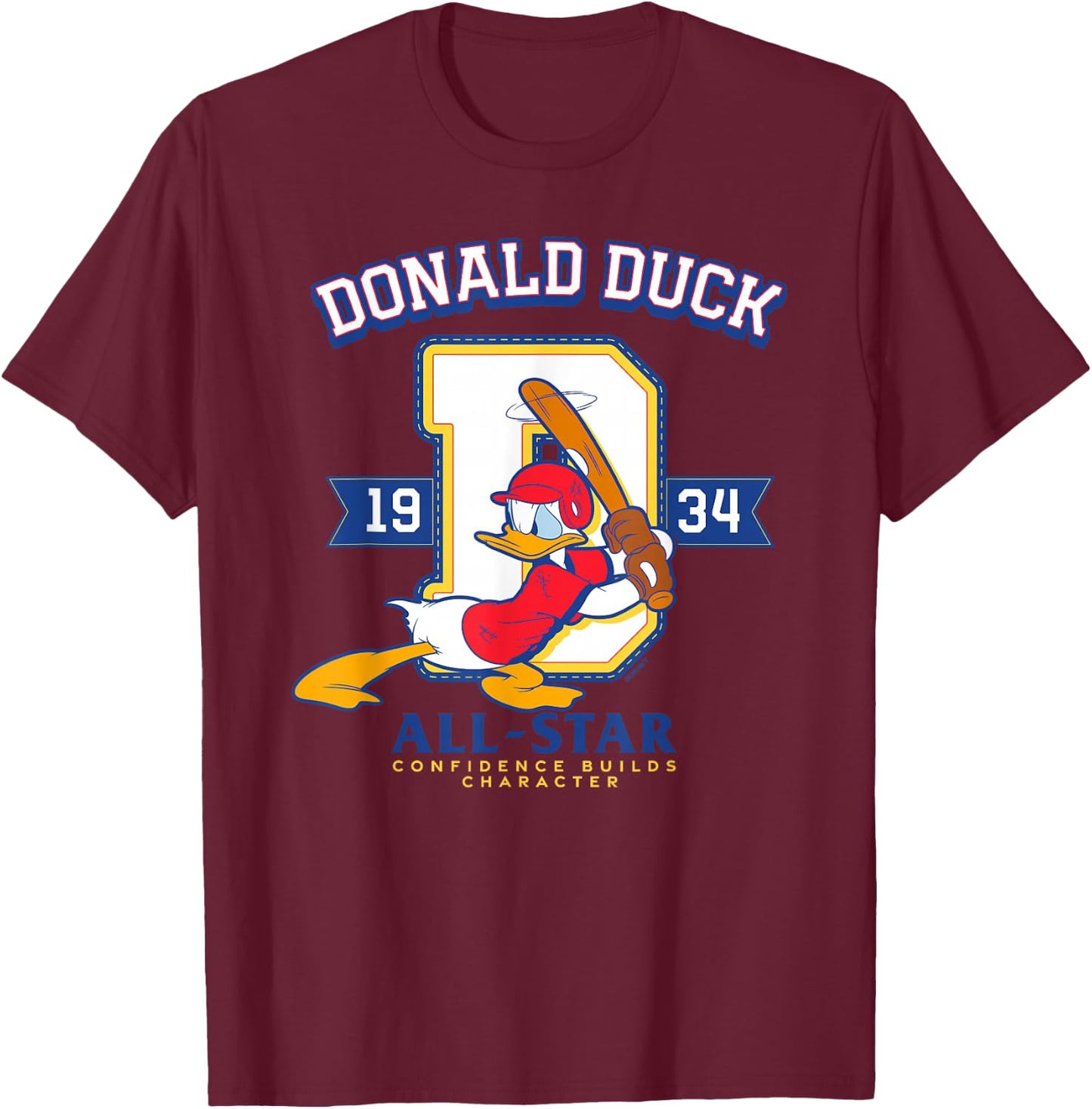 Disney Donald Duck Baseball 1934 All-Star Confidence Sports T-Shirt - T-Shirt | Maroon