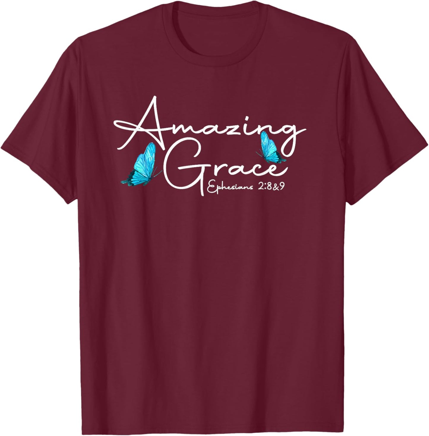 Eph. 2:8-9 Amazing Grace Butterfly Graphic T-Shirt - T-Shirt | Maroon