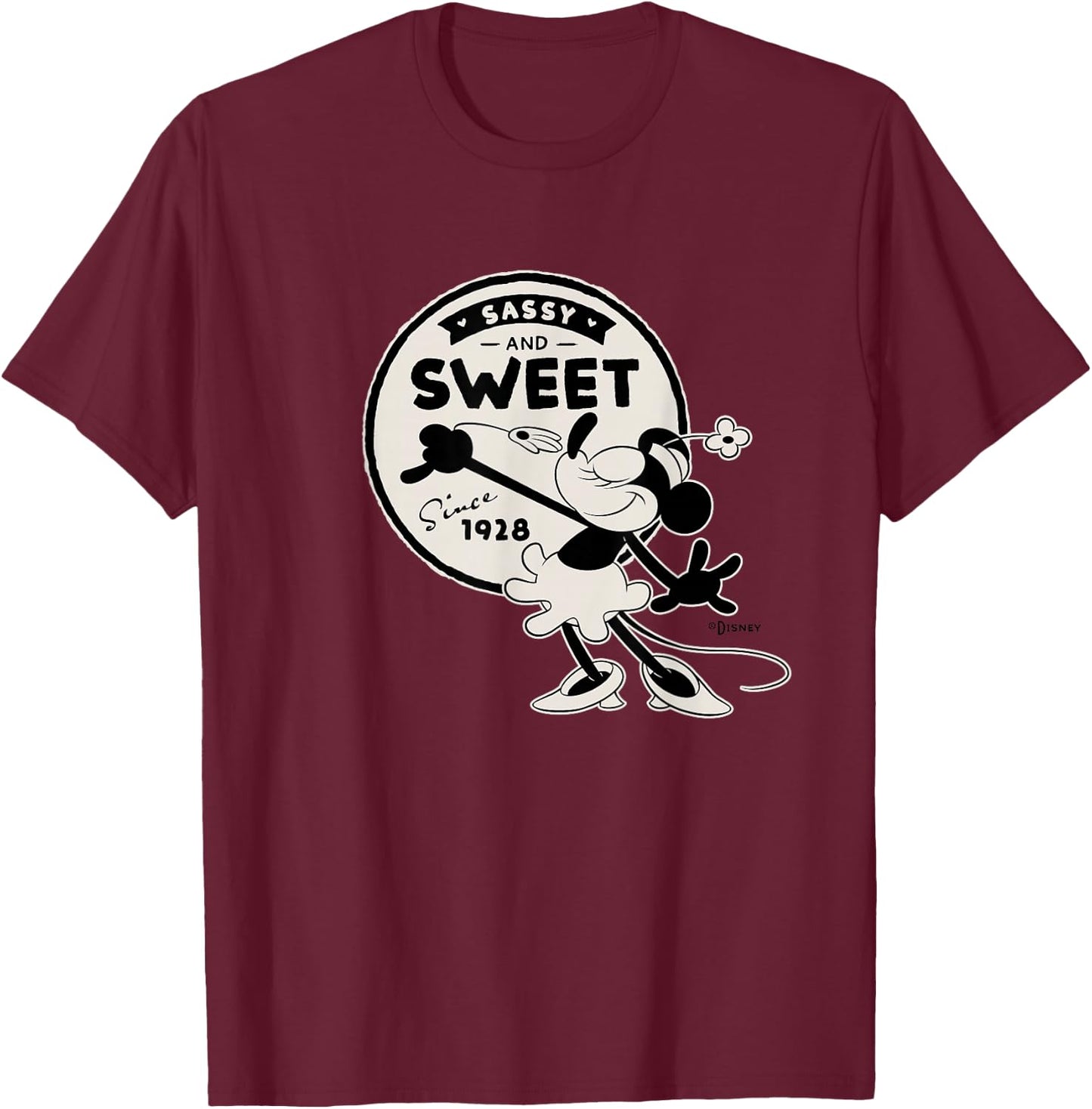 Disney 100 Minnie Mouse Sassy and Sweet Since 1928 D100 T-Shirt - T-Shirt | Maroon