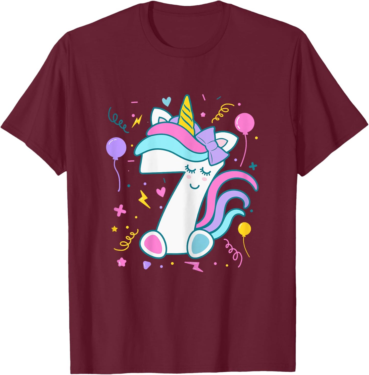 Unicorn 7th Birthday Number 7 Year Old Girl Birthday T-Shirt - T-Shirt | Maroon