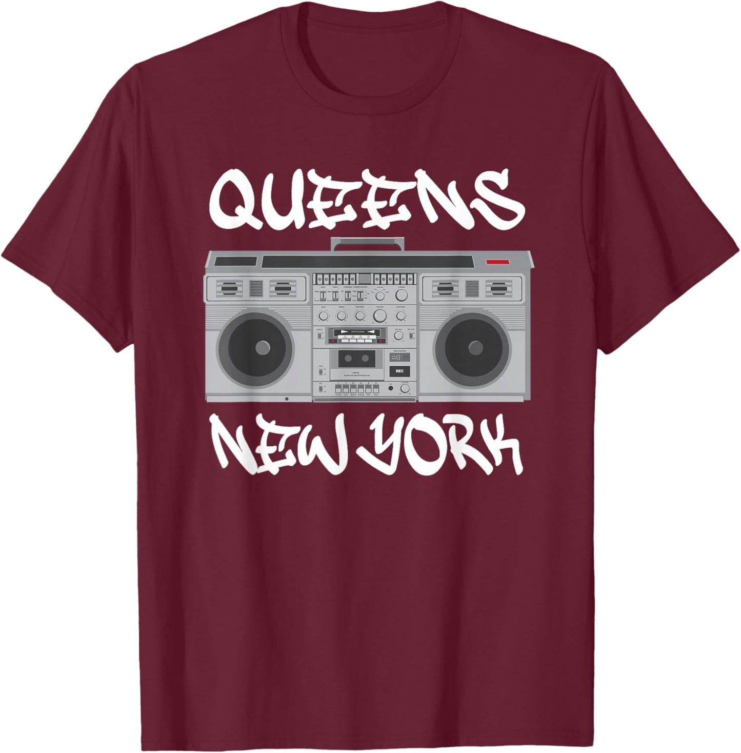 Queens New York Boom Box Graffiti Lettering T-Shirt - T-Shirt | Maroon