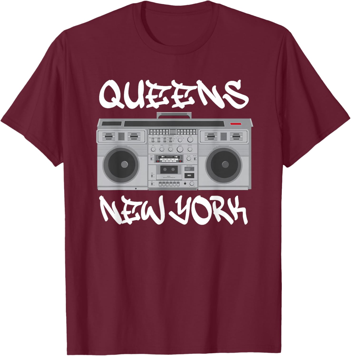 Queens New York Boom Box Graffiti Lettering T-Shirt - T-Shirt | Maroon