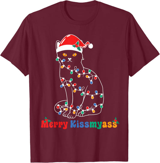 Merry Christmas Cat Christmas Lights Merry Christmas Cat T-Shirt - T-Shirt | Maroon