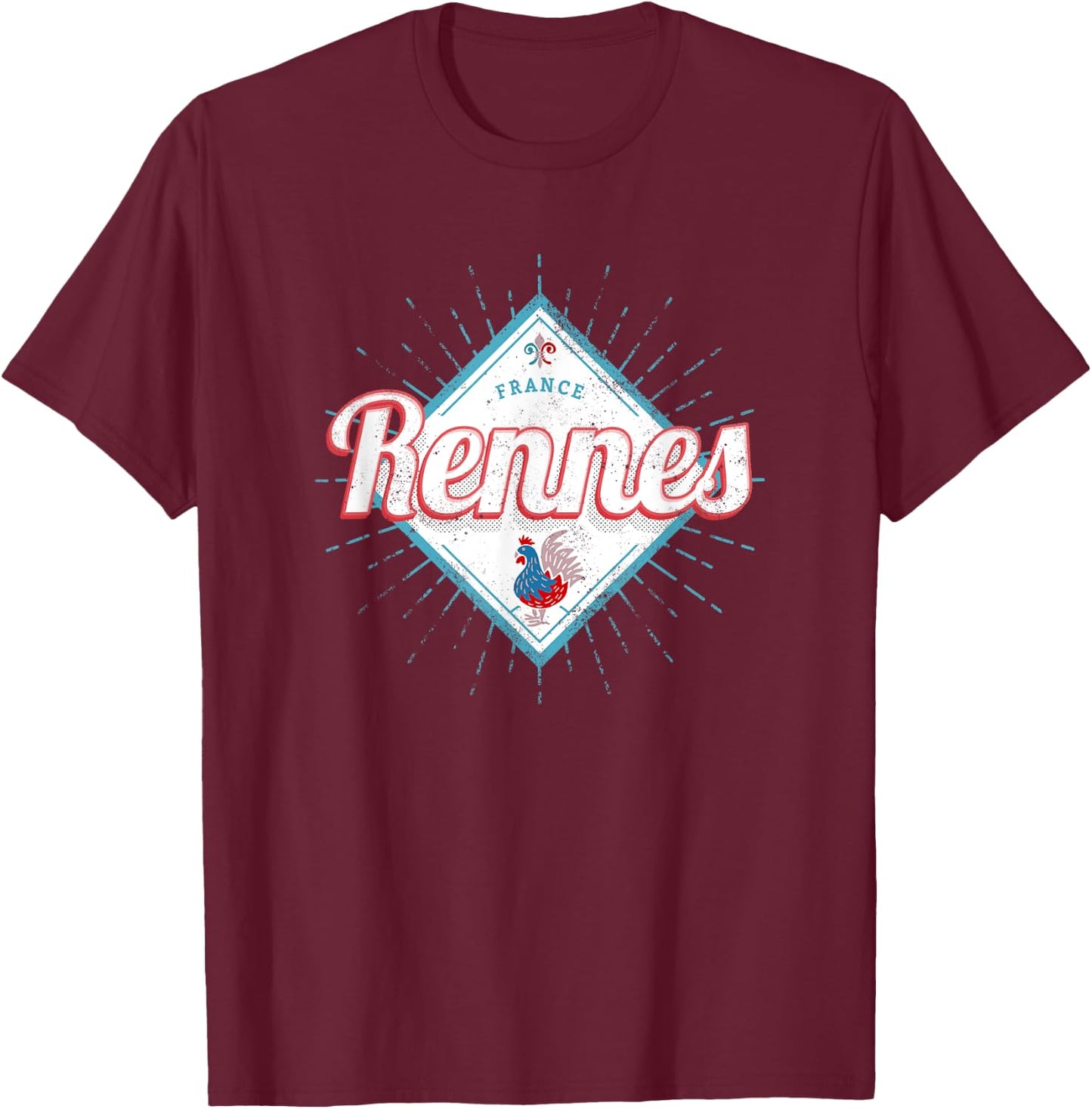 Rennes Brittany France Retro Rooster Vintage Souvenir T-Shirt - T-Shirt | Maroon
