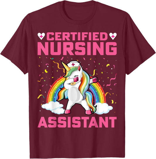 Certified Nursing Assistant - Dabbing Unicorn CNA Nursing T-Shirt - T-Shirt | Maroon