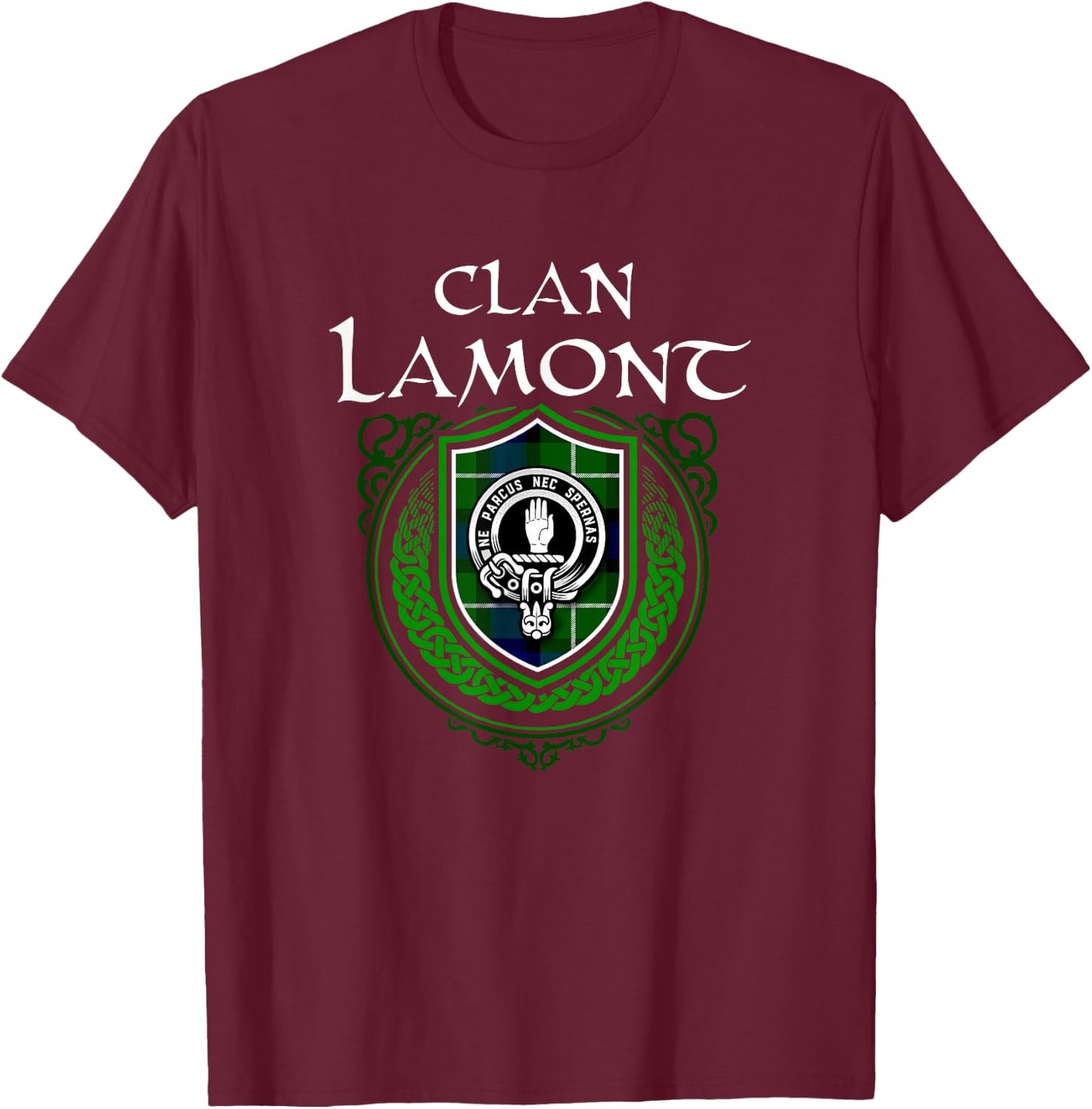Clan Lamont Surname Scottish Clan Crest Tartan Badge T-Shirt - T-Shirt | Maroon