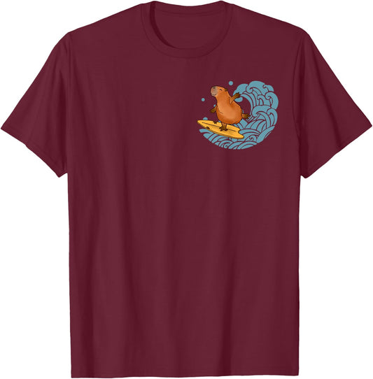 Vintage Cute Capybara Surfing The Great Wave Kanagawa Pocket T-Shirt - T-Shirt | Maroon