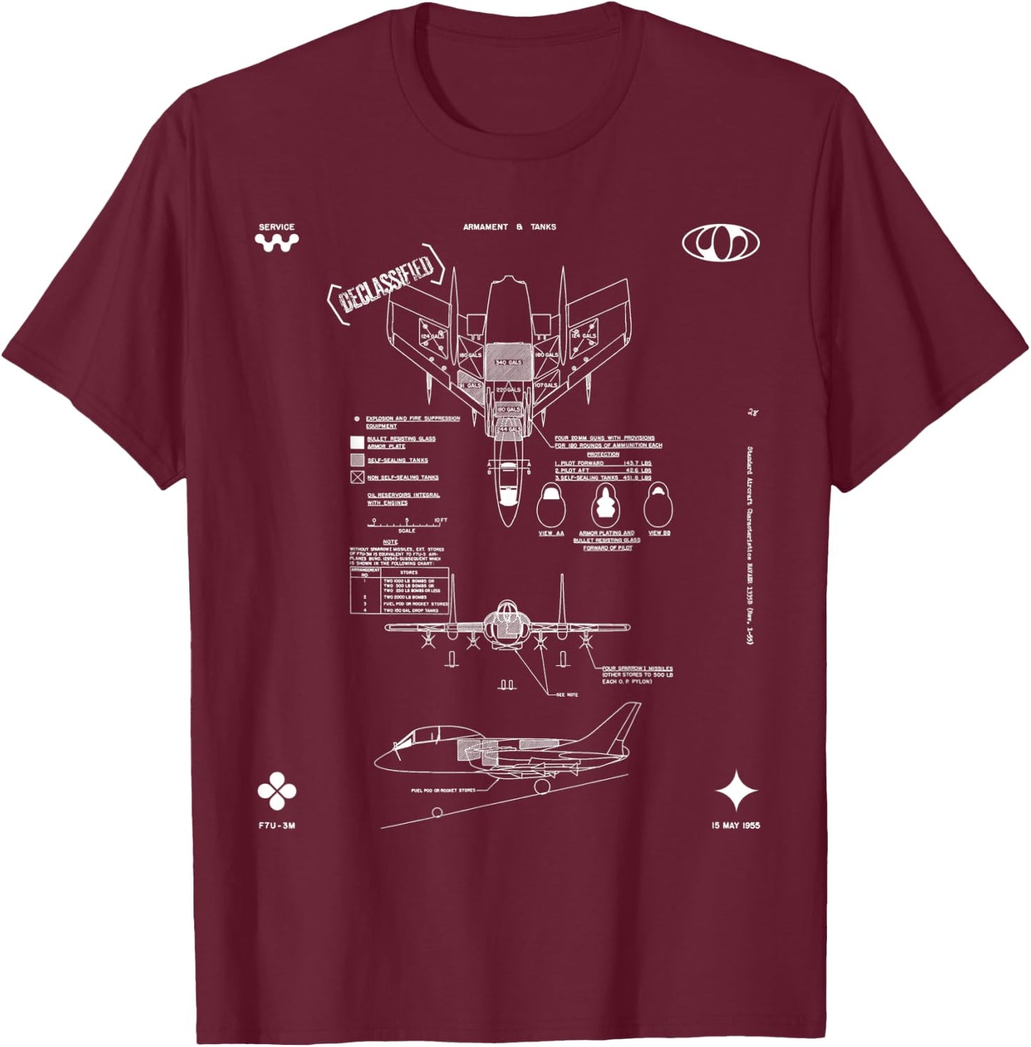 Vought F7U-3M Cutlass Aircraft Armament Technical Blueprint T-Shirt - T-Shirt | Maroon